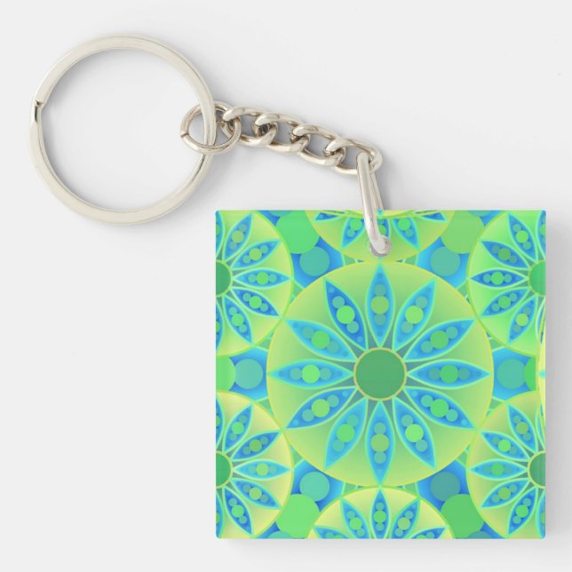Mandala pattern, turquoise, blue, lime green key ring (Front)