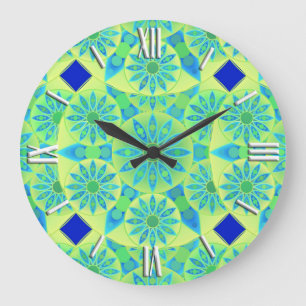 Mandala pattern, turquoise, blue, lime green large clock