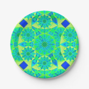 Mandala pattern, turquoise, blue, lime green paper plate