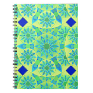 Mandala pattern, turquoise, blue, lime green spiral notebook