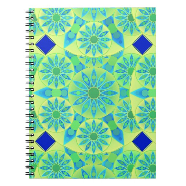 Mandala pattern, turquoise, blue, lime green spiral notebook (Front)