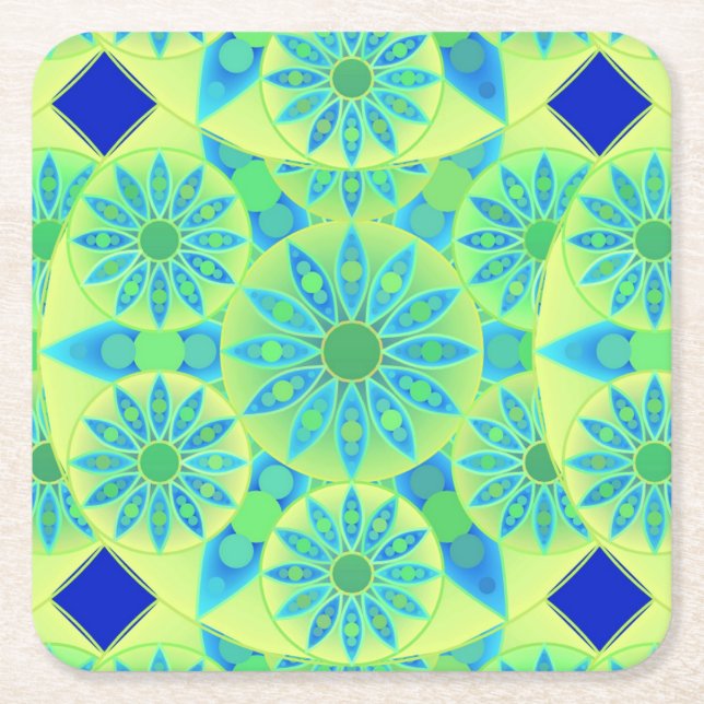 Mandala pattern, turquoise, blue, lime green square paper coaster (Front)