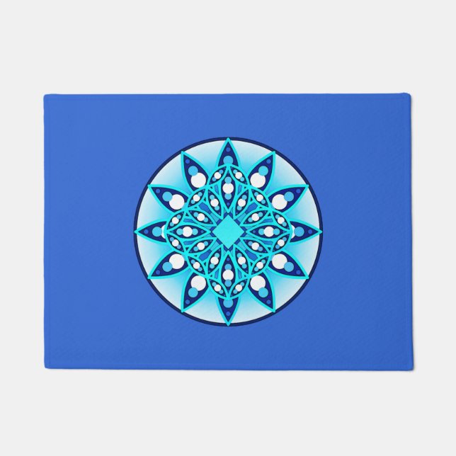 Mandala pattern, turquoise, cobalt blue and white doormat (Front)