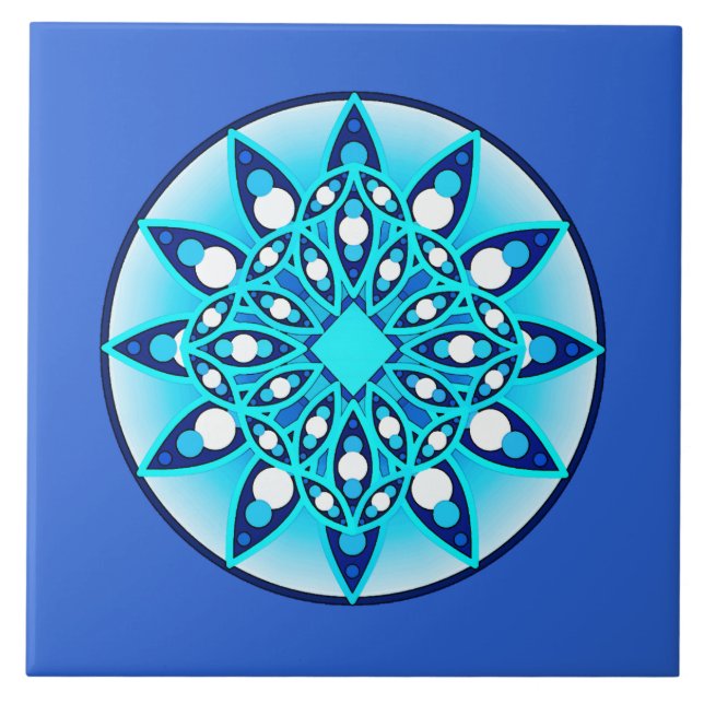 Mandala pattern, turquoise, cobalt blue and white tile (Front)