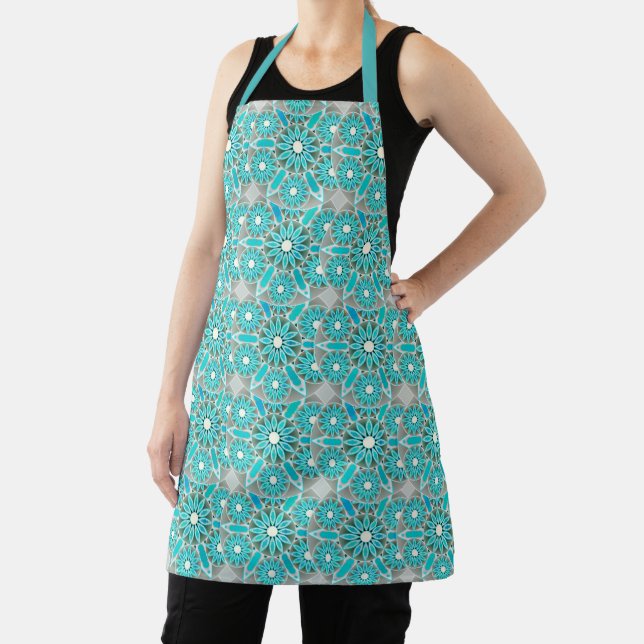 Mandala pattern, turquoise, silver grey and white apron (Insitu)