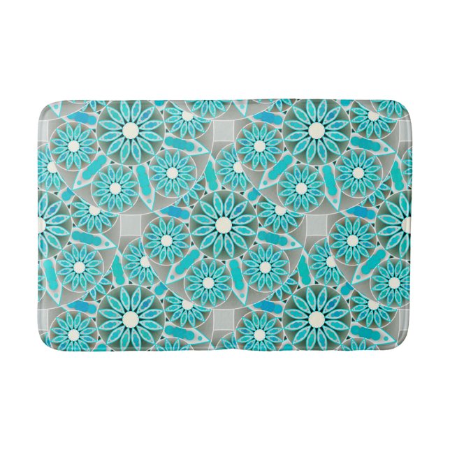 Mandala pattern, turquoise, silver grey and white bath mat (Front)