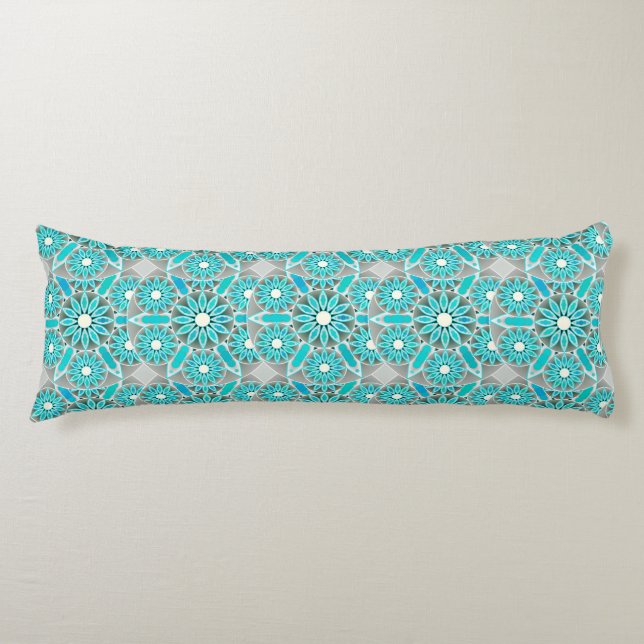 Mandala pattern, turquoise, silver grey and white body cushion (Front)