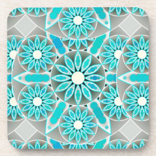 Mandala pattern, turquoise, silver grey and white coaster