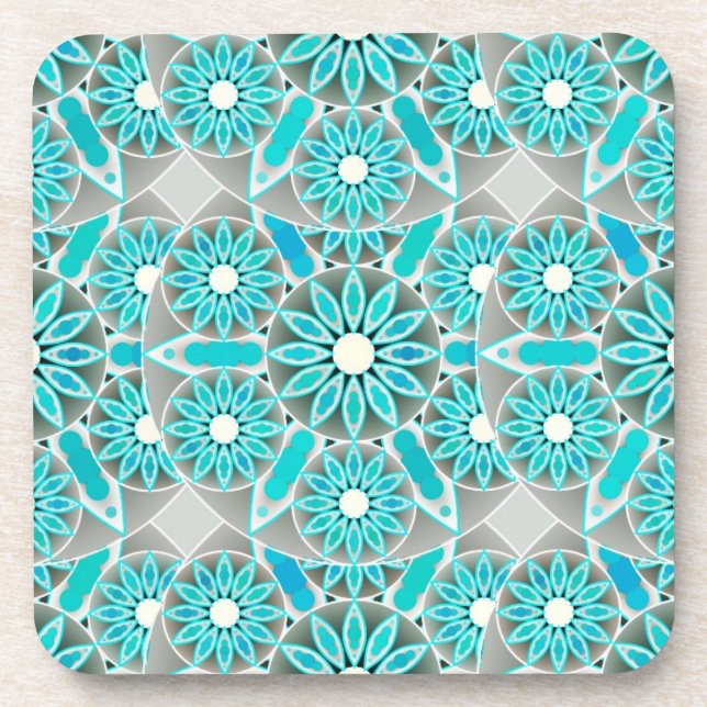 Mandala pattern, turquoise, silver grey and white coaster (Front)