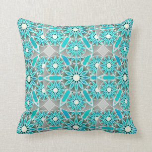 Mandala pattern, turquoise, silver grey and white cushion