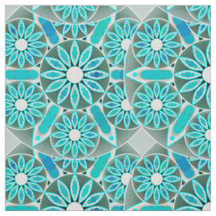 Mandala pattern, turquoise, silver grey and white fabric