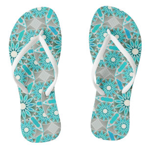 Mandala pattern, turquoise, silver grey and white jandals