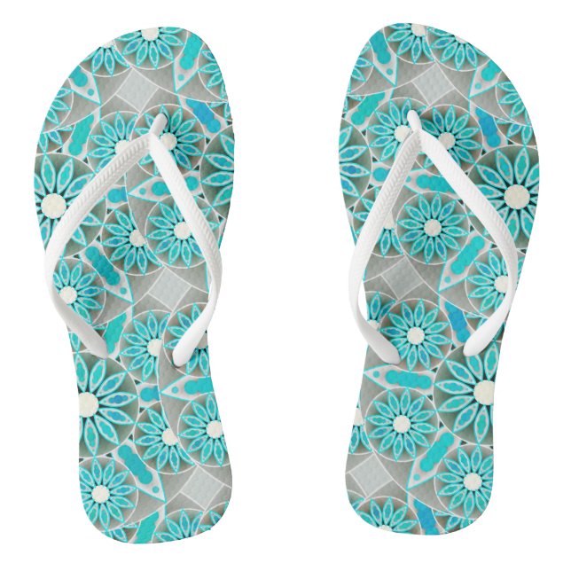 Mandala pattern, turquoise, silver grey and white jandals (Footbed)