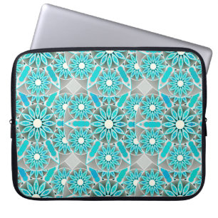 Mandala pattern, turquoise, silver grey and white laptop sleeve