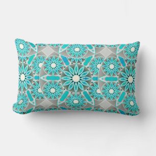 Mandala pattern, turquoise, silver grey and white lumbar cushion