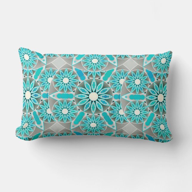 Mandala pattern, turquoise, silver grey and white lumbar cushion (Front)
