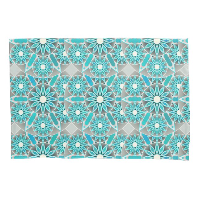 Mandala pattern, turquoise, silver grey and white pillowcase (Front)