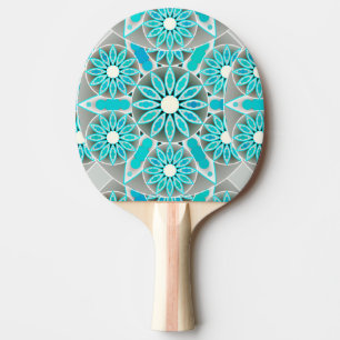 Mandala pattern, turquoise, silver grey and white ping pong paddle