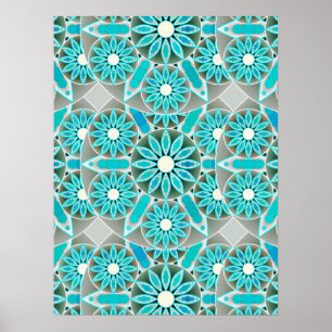 Mandala Pattern, Turquoise, Silver Grey and White Poster