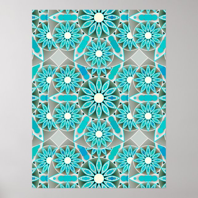 Mandala Pattern, Turquoise, Silver Grey and White Poster (Front)