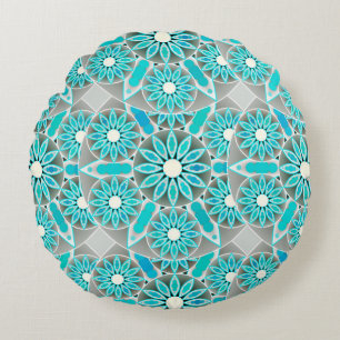 Mandala pattern, turquoise, silver grey and white round cushion
