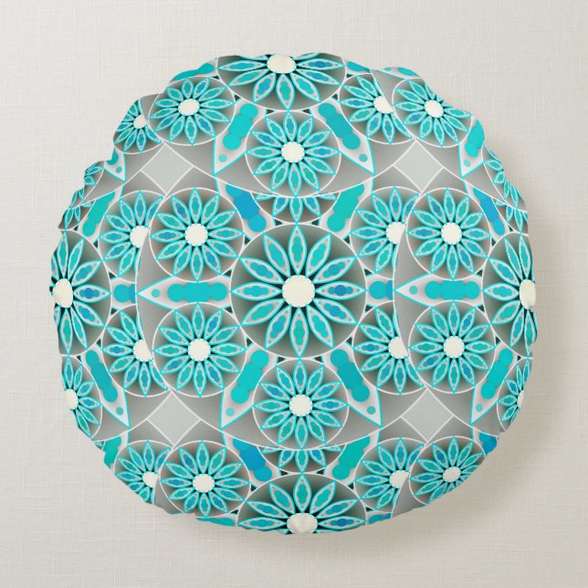 Mandala pattern, turquoise, silver grey and white round cushion (Front)
