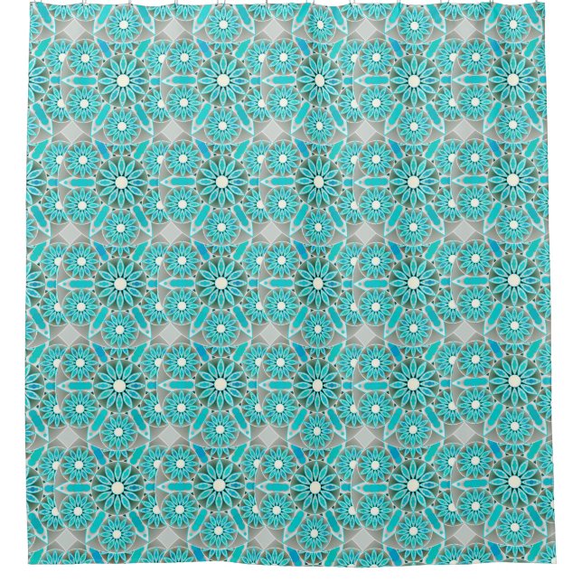 Mandala pattern, turquoise, silver grey and white shower curtain (Front)