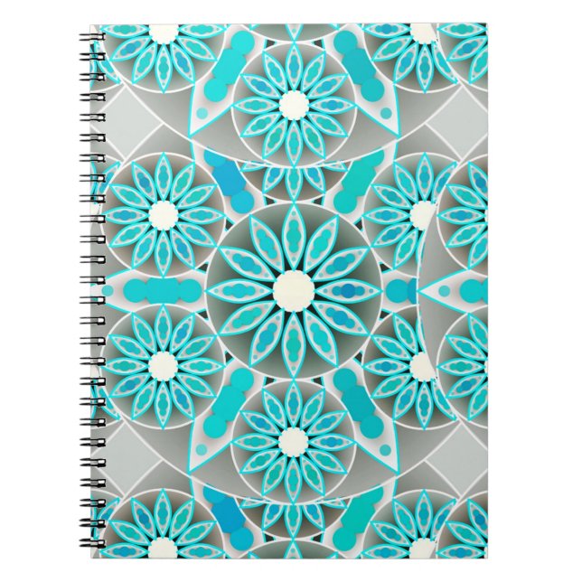 Mandala pattern, turquoise, silver grey and white spiral notebook (Front)