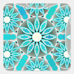 Mandala pattern, turquoise, silver grey and white square sticker