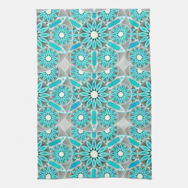 Mandala Pattern, Turquoise, Silver Grey and White Tea Towel (Vertical)