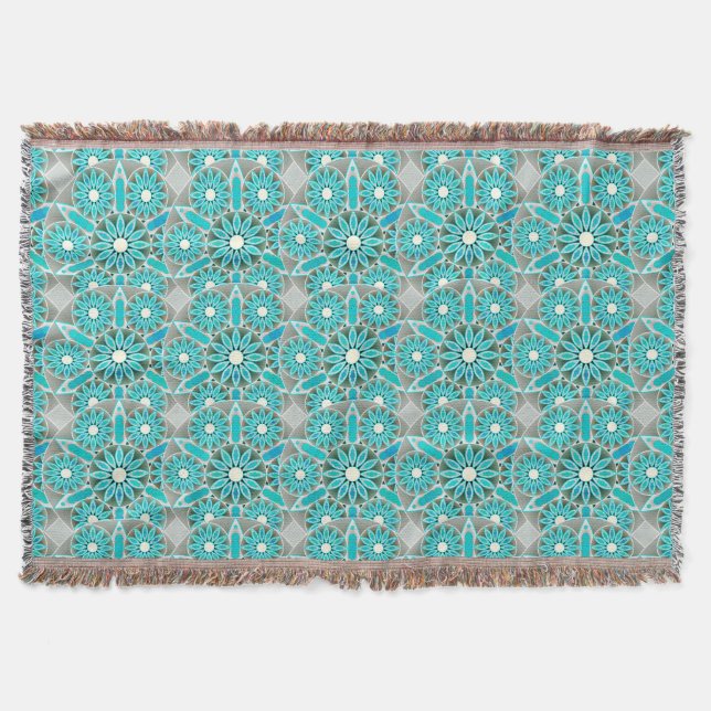 Mandala pattern, turquoise, silver grey and white throw blanket (Front)