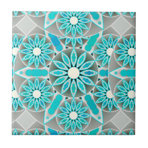 Mandala pattern, turquoise, silver grey and white tile