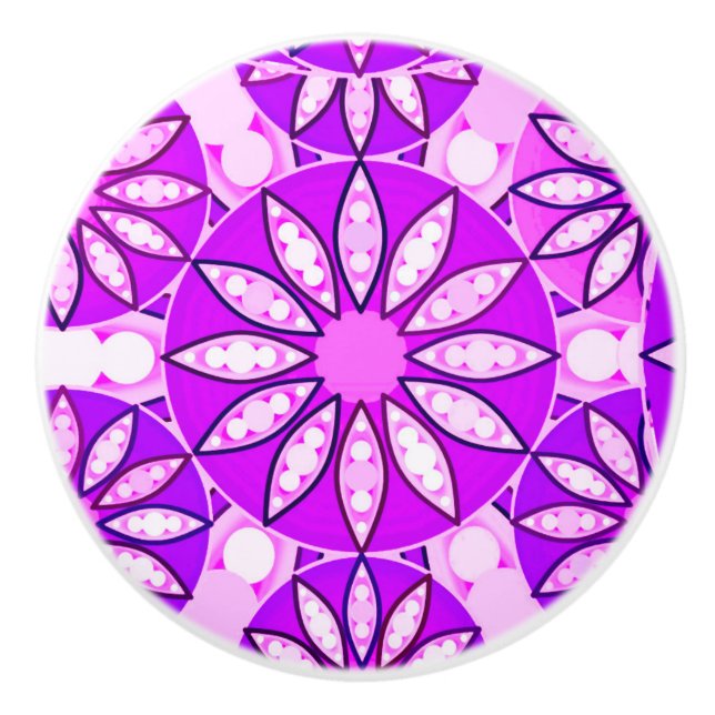 Mandala pattern, violet, orchid and pink ceramic knob (Front)
