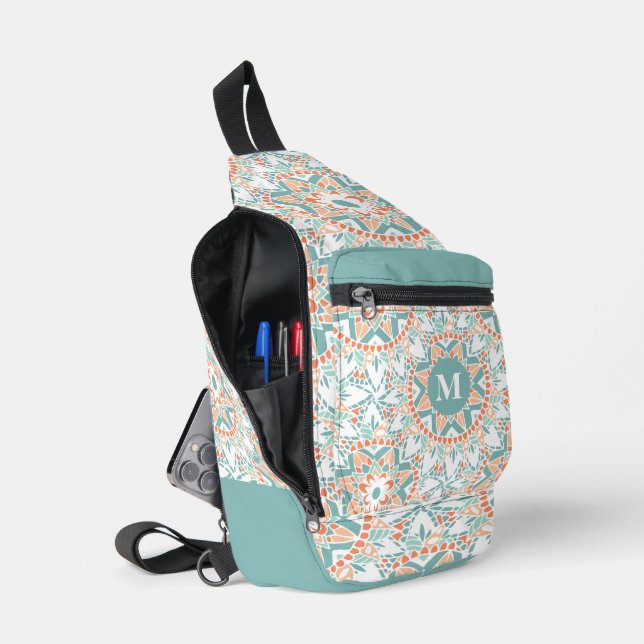 Mandala Peach Teal Flower Pattern Monogram Sling Bag (Open)