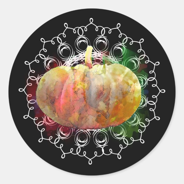 Mandala Pumpkin Watercolor Damask Fall Season Classic Round Sticker (Front)