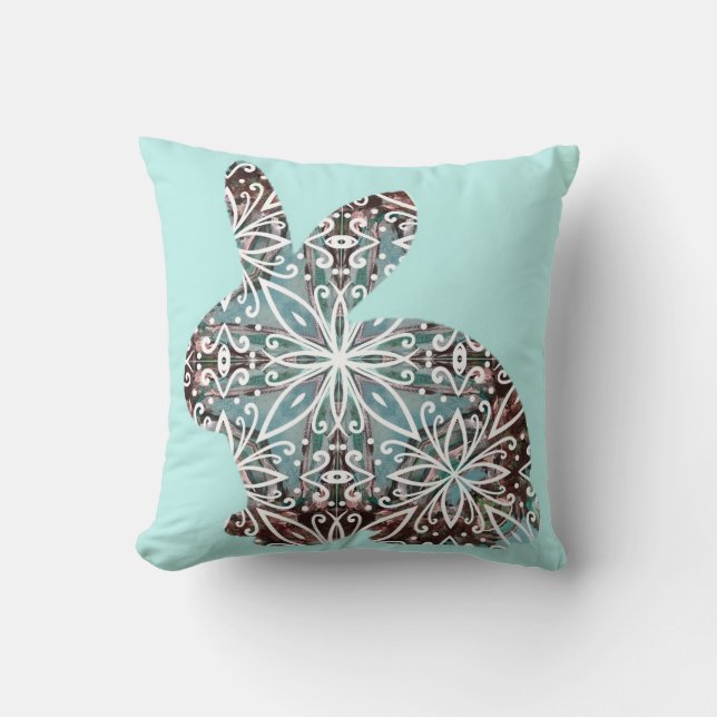Mandala Rabbit Chocolate and Blues Throw Pillow (Front)