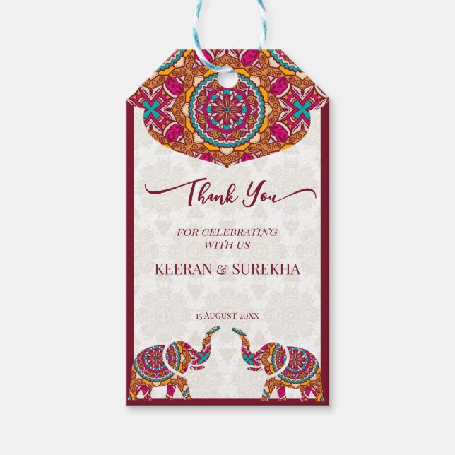 Mandala rangoli elephant wedding favour gift tags (Front)