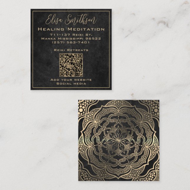 Mandala Reiki Healing Meditation Gold And Charcoal Square Business Card (Front/Back)