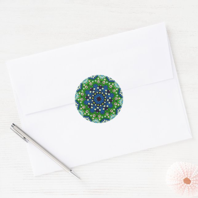 Mandala Retro Mosaic Green Blue Pattern Classic Round Sticker (Envelope)