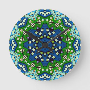 Mandala Retro Mosaic Green Blue Pattern Round Clock