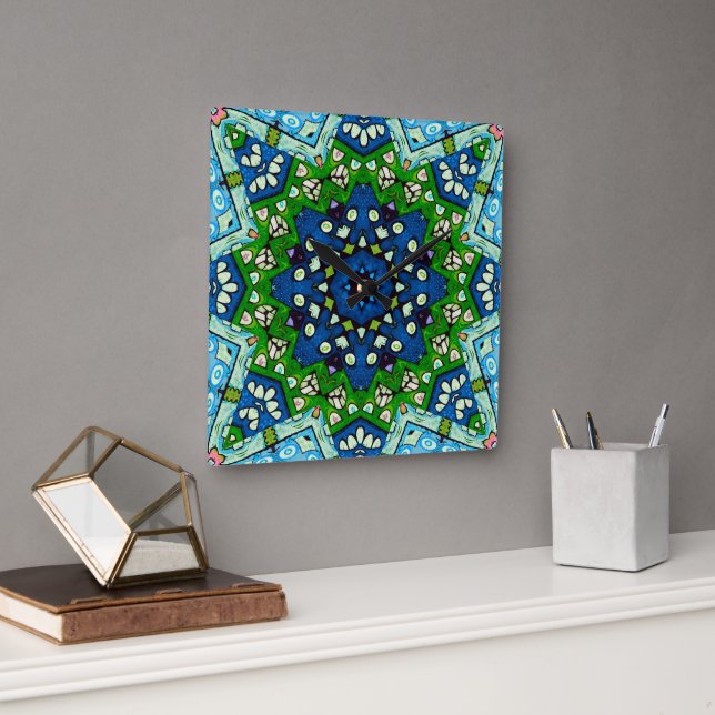 Mandala Retro Mosaic Green Blue Pattern Square Wall Clock (Office)