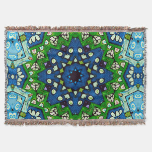 Mandala Retro Mosaic Green Blue Pattern Throw Blanket