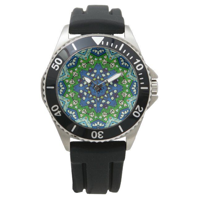 Mandala Retro Mosaic Green Blue Pattern  Watch (Front)