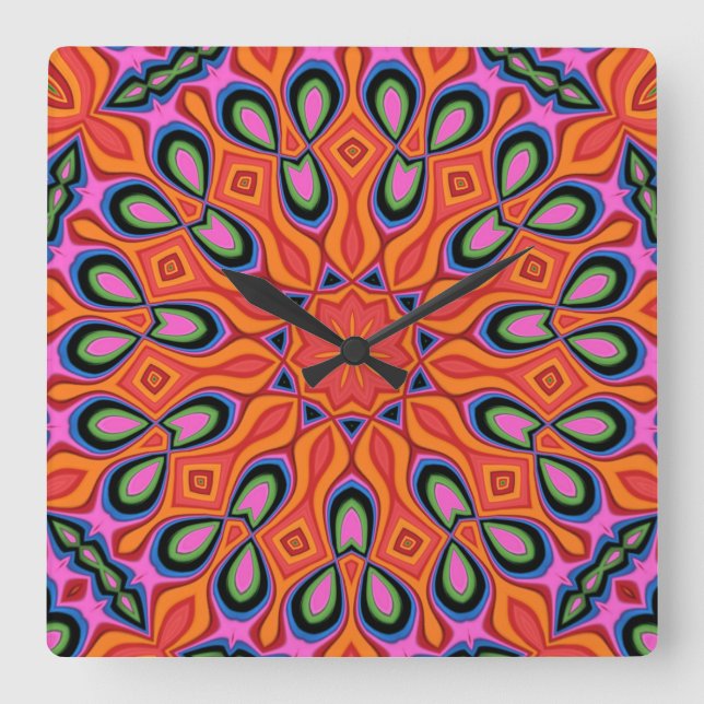 Mandala Retro Orange Hipster Decor Square Wall Clock (Front)