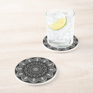 Mandala Sandstone Coaster   Black and Grey