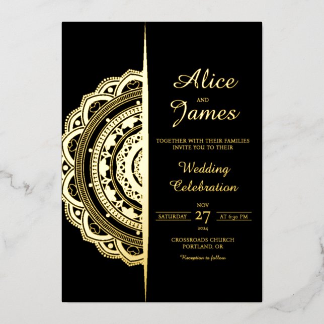 Mandala Split Frame Luxury Black Gold Foil Wedding (Front)