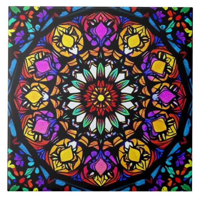Mandala Stained Glass Floral Artwork Tile (Front)