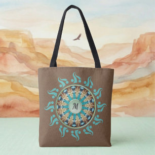 Mandala Sun Turquoise, brown, blue and Tan Tote Bag