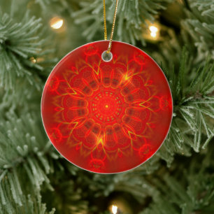 Mandala Thin Lines Warm Colors Red Background Ceramic Tree Decoration