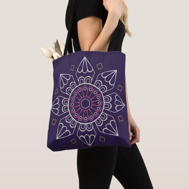 Mandala Tote Bag – Purple Boho Geometric Reusable  (Close Up)